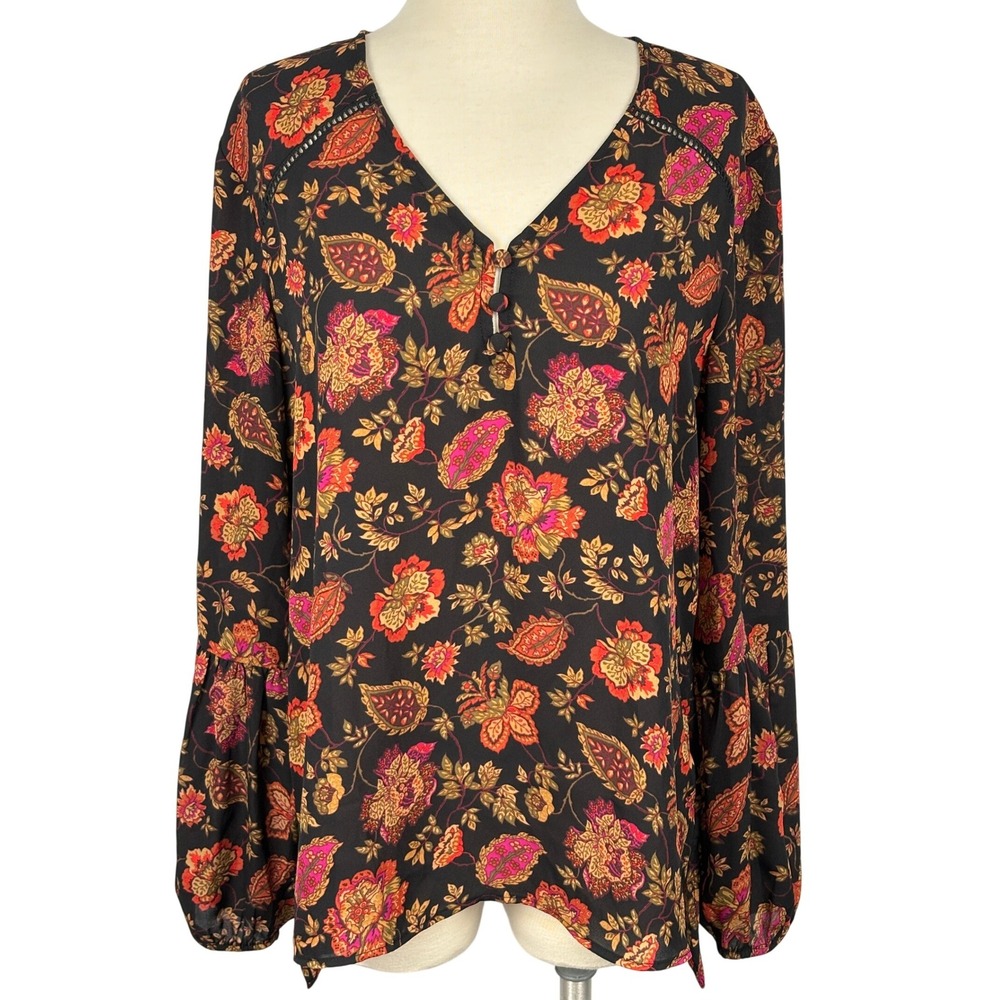 Maurices Womens Medium Black Orange Floral Paisley V-Neck Bell Sleeve Boho Top‎
